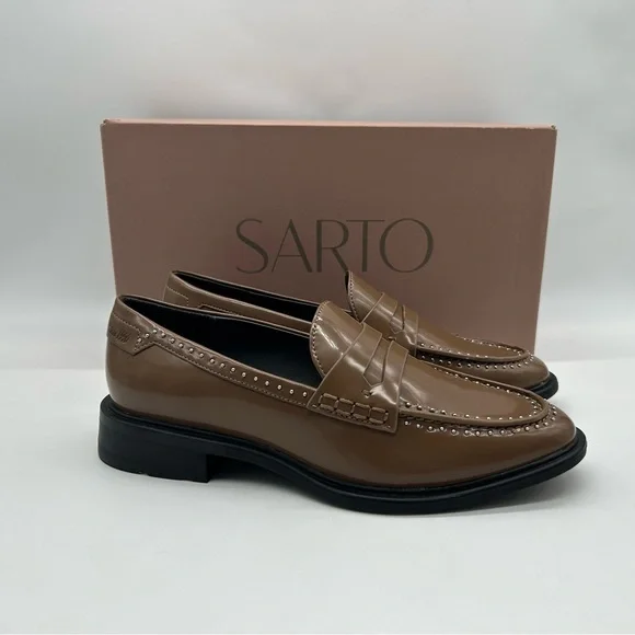 Sarto by Franco Sarto A-Eden Studs Loafers Brown Patent Size 10M New With Box